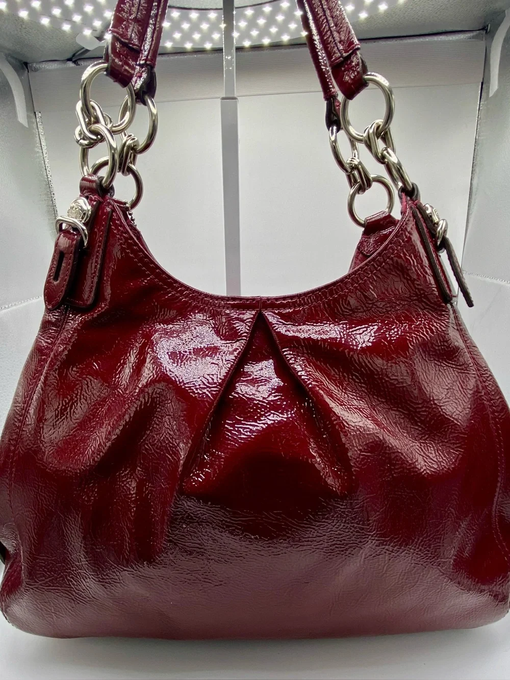 Coach Mia 15734 Burgundy Red Patent Leather Shoulder Bag Hobo Silver Hardware